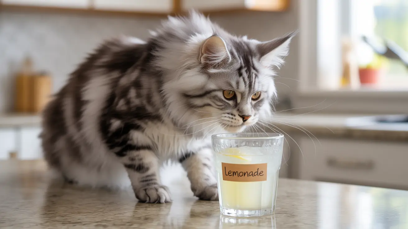 Un gato Maine Coon gris y blanco, esponjoso, observa curiosamente un vaso de limonada sobre una encimera de cocina.