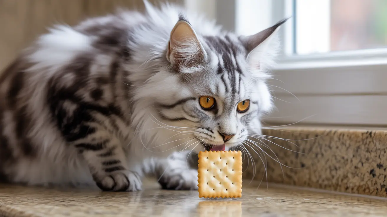 A silver and white Maine Coon cat licking a square cracker near a window