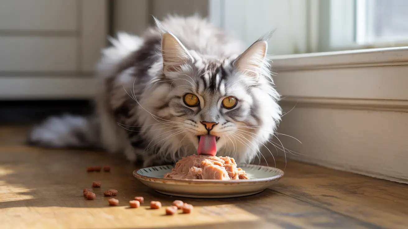 A fluffy Maine Coon cat licking its lips while enjoying a meal from a plate