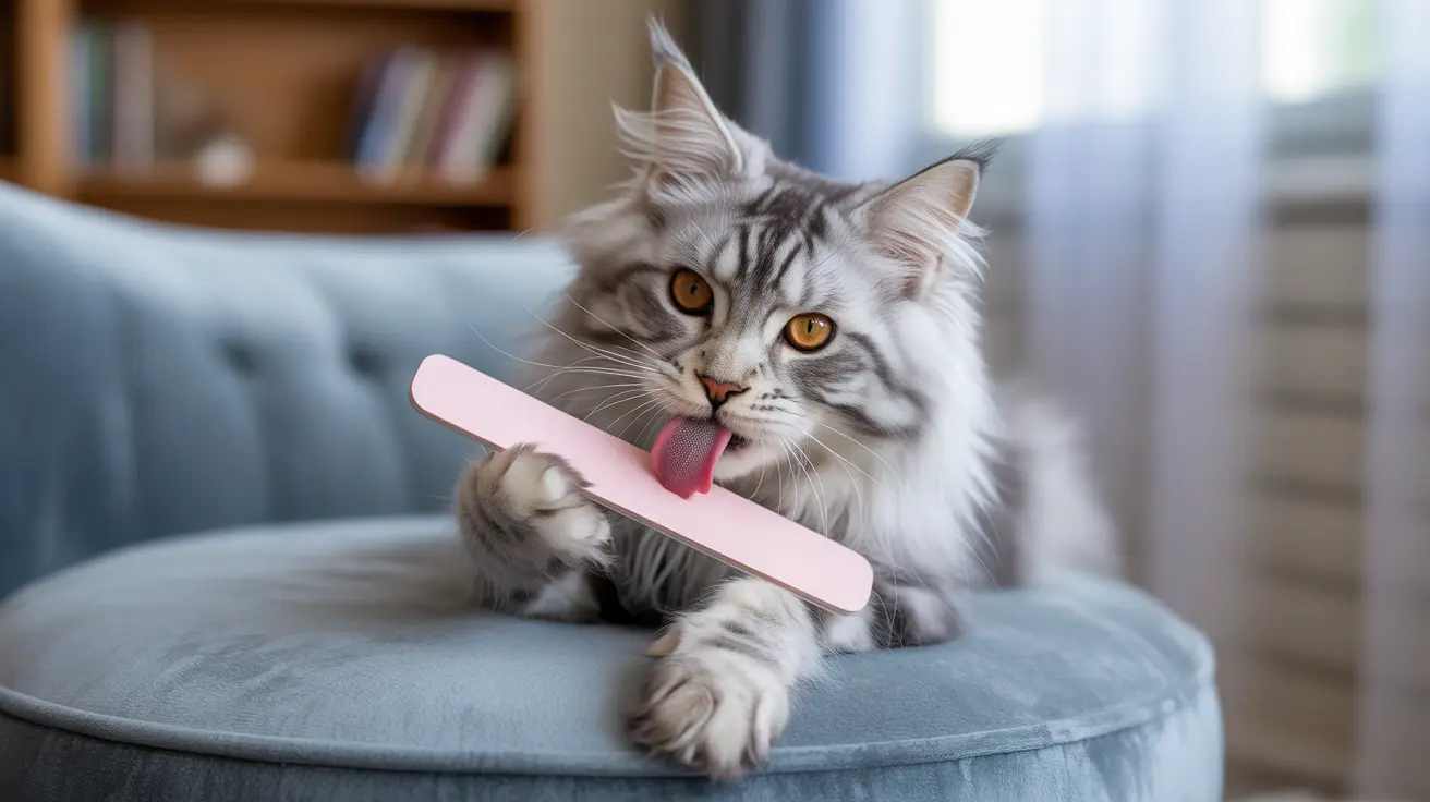 A fluffy silver tabby Maine Coon cat licking a pink nail file or emery board