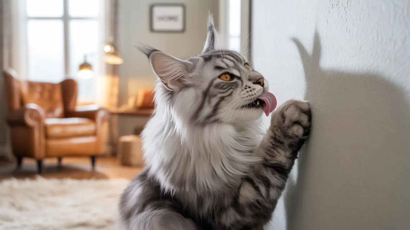 A fluffy Maine Coon cat playfully licking the wall with its tongue extended