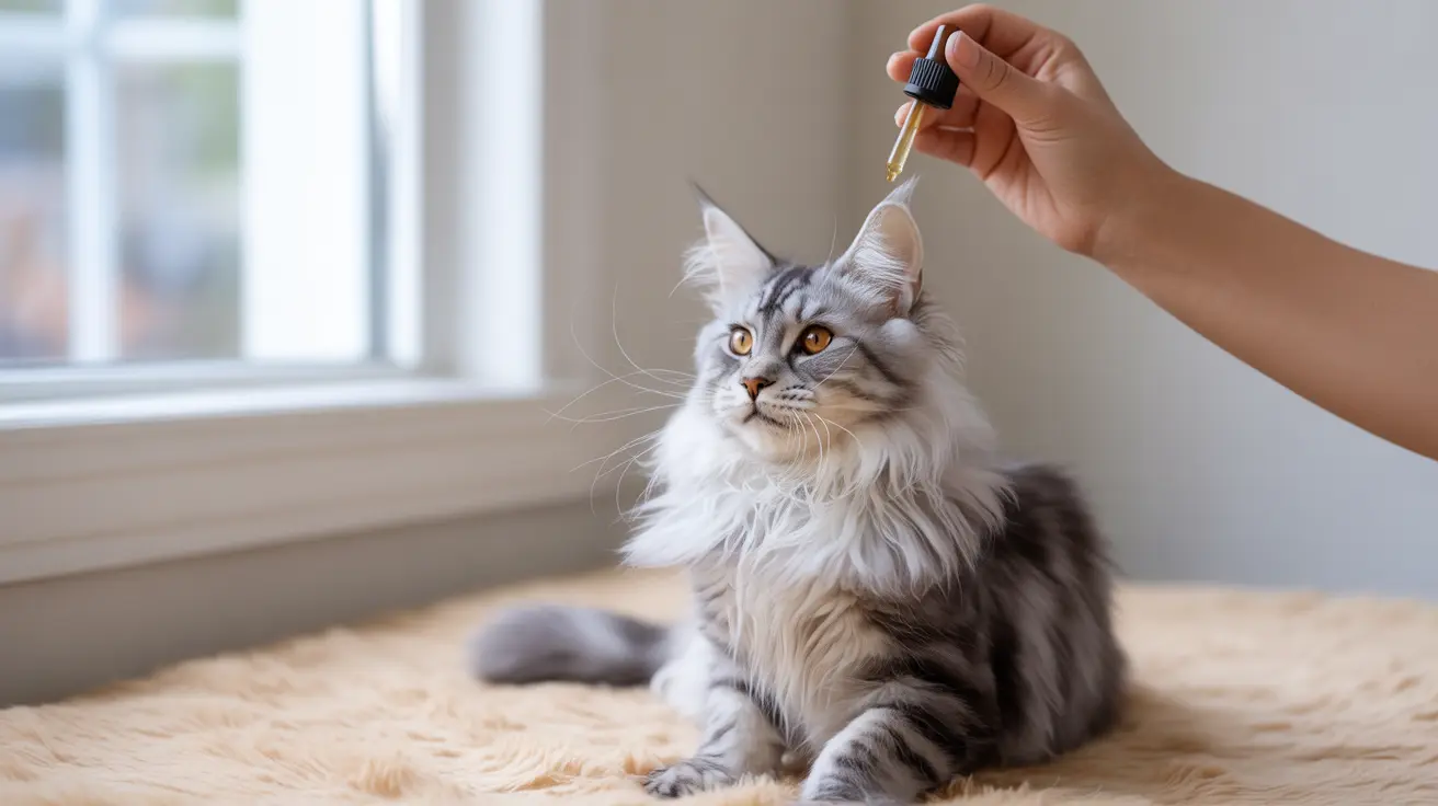 A fluffy gray and white Maine Coon cat receiving liquid medication via dropper
