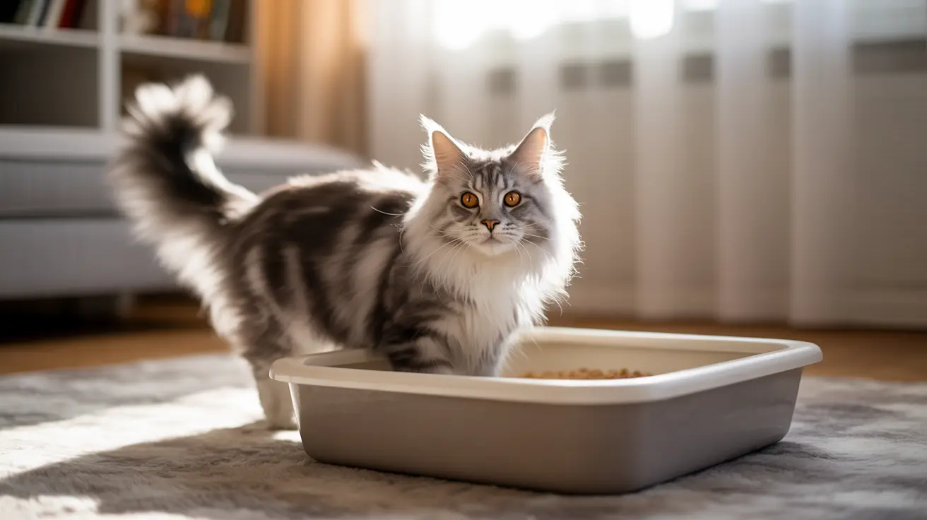 A fluffy Maine Coon cat sitting in a litter box with a majestic and alert expression