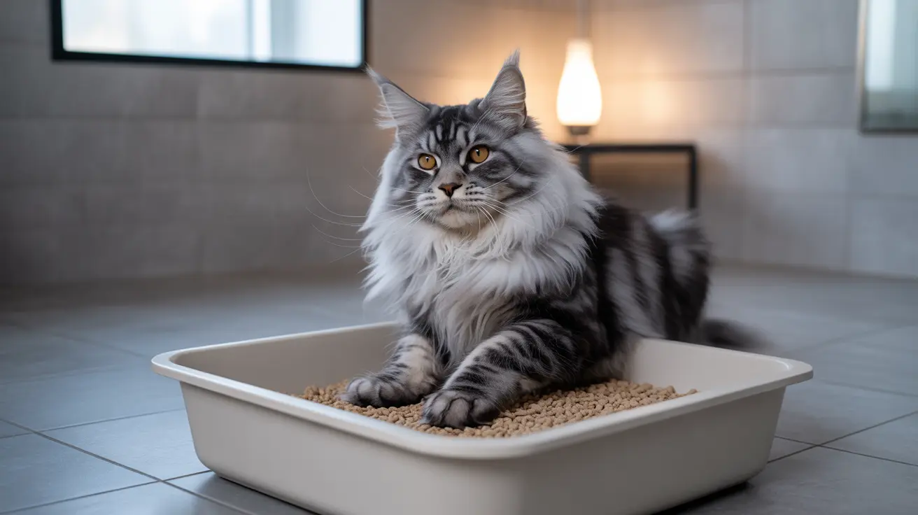 A majestic Maine Coon cat sitting in a litter box with soft warm light