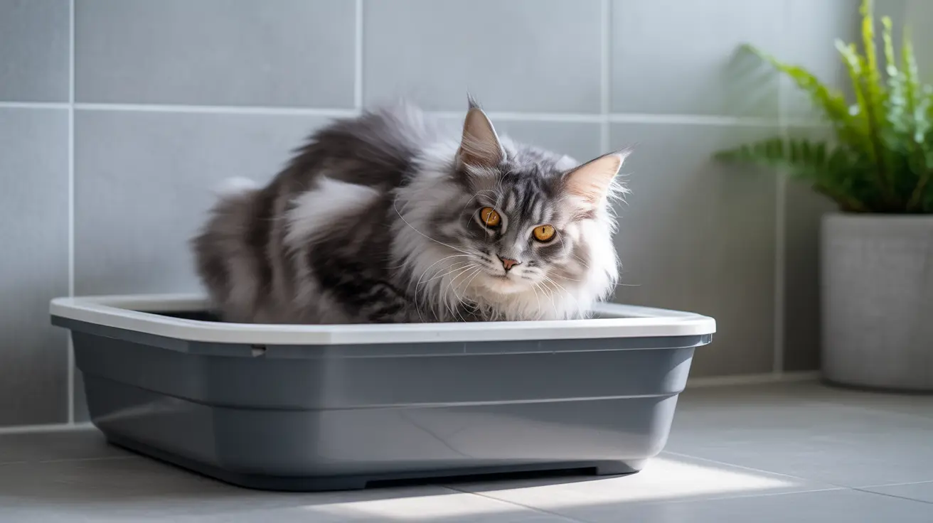 A fluffy Maine Coon cat sitting inside a gray litter box in a tiled bathroom