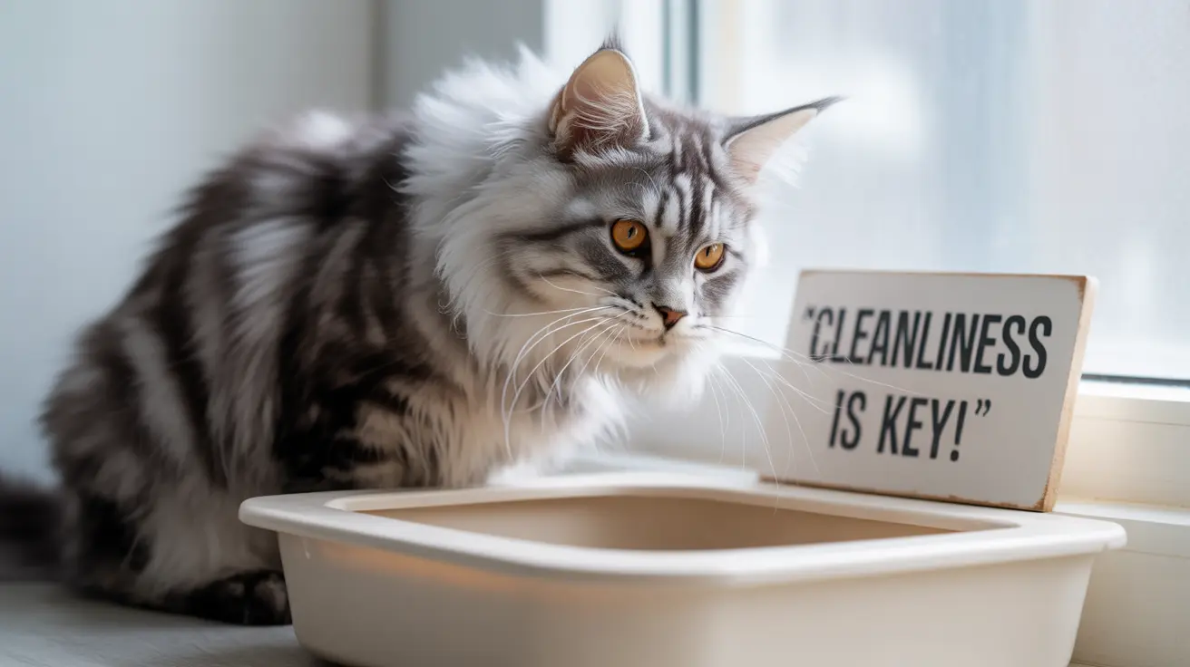 A fluffy Maine Coon cat sitting next to a litter box with a 'Cleanliness is Key' sign