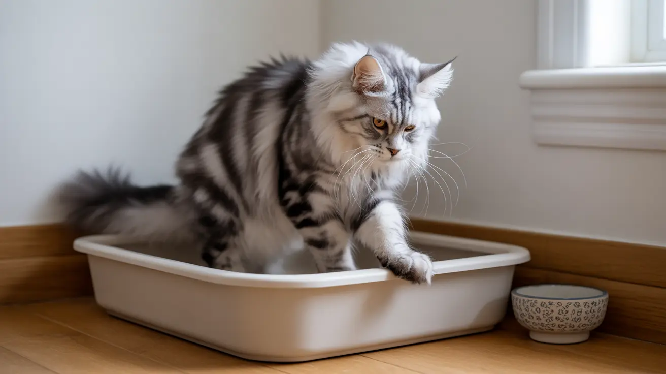 A fluffy silver and white Maine Coon cat sitting in a white litter box near a window