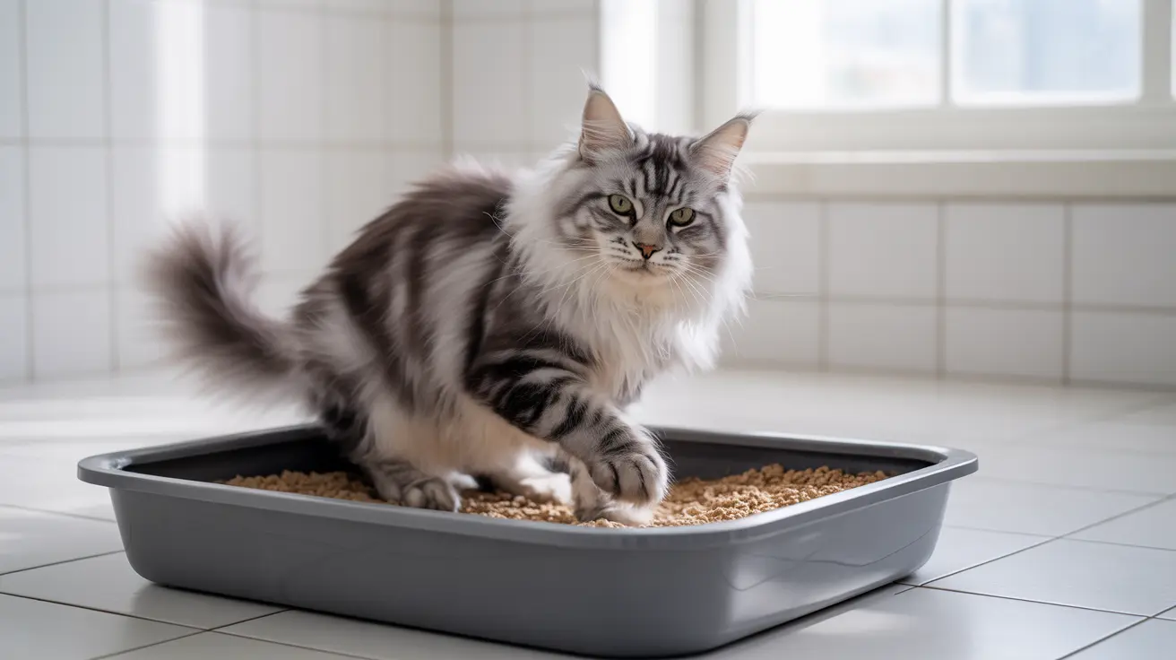 Fluffy gray and white Maine Coon cat sitting in a litter box with wood pellet-style litter