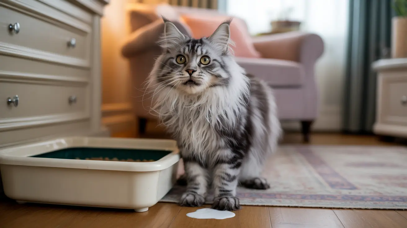 A fluffy Maine Coon cat sitting next to a litter box with a small liquid spill on the wooden floor