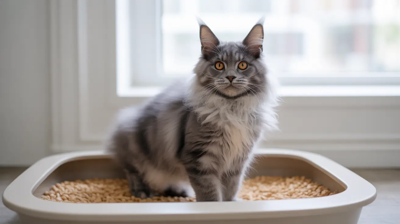 A fluffy gray and white Maine Coon cat sitting in a clean litter box near a window