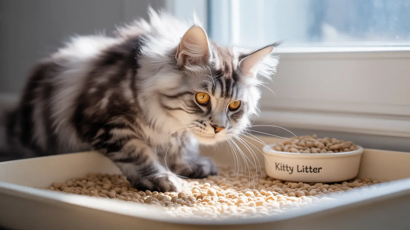 A fluffy Maine Coon cat sitting in a kitty litter box near a window