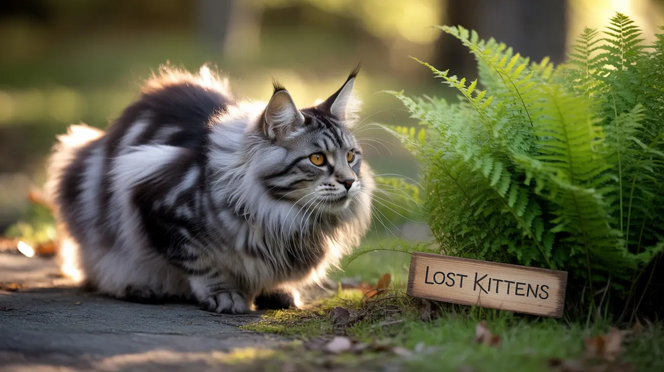 A fluffy Maine Coon cat sitting near a 'Lost Kittens' sign in a fern-filled outdoor setting