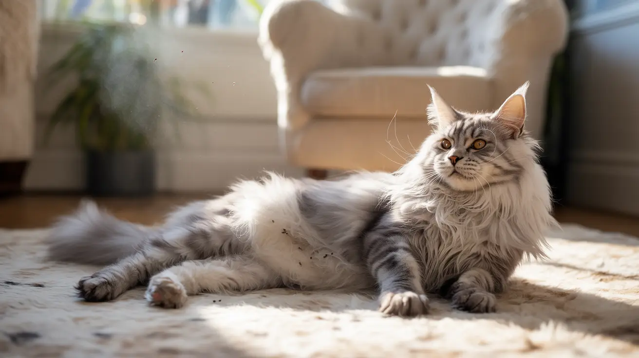 Fluffy Maine Coon cat lounging gracefully on a soft rug near a cozy armchair