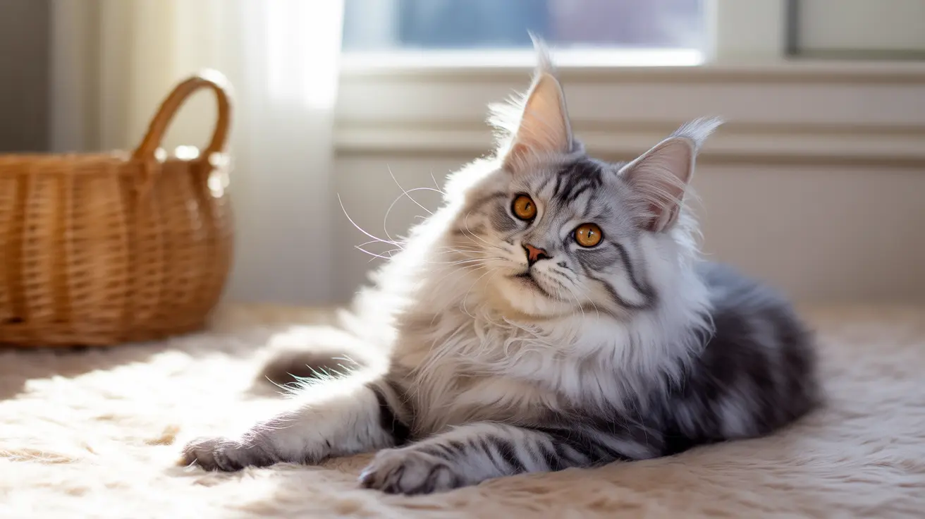 Fluffy gray and white Maine Coon cat lounging elegantly near a window with soft sunlight