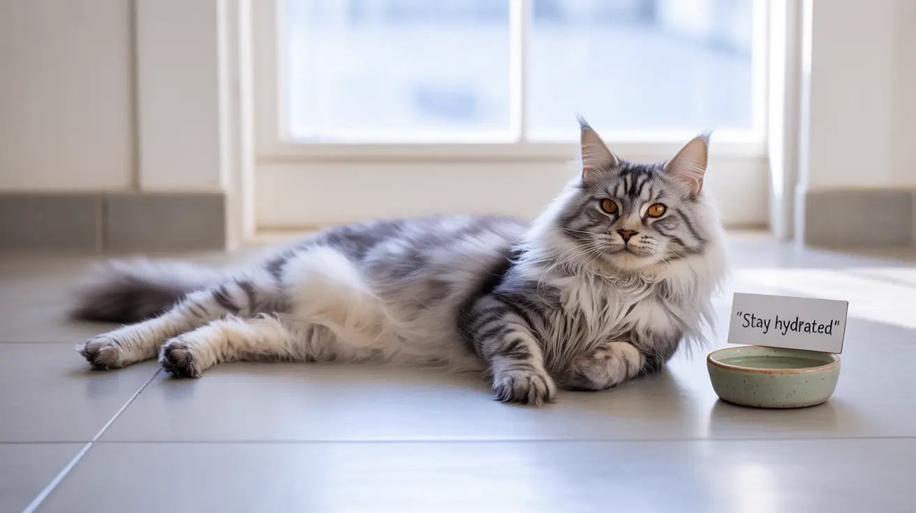 A fluffy gray and white Maine Coon cat lounging elegantly near a water bowl with a 'Stay hydrated' sign