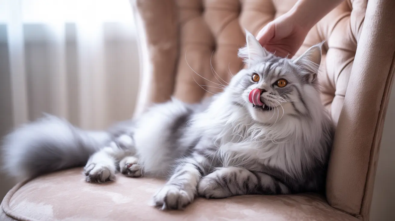 A fluffy white and gray Maine Coon cat lounging on a beige chair with its tongue out, being gently petted
