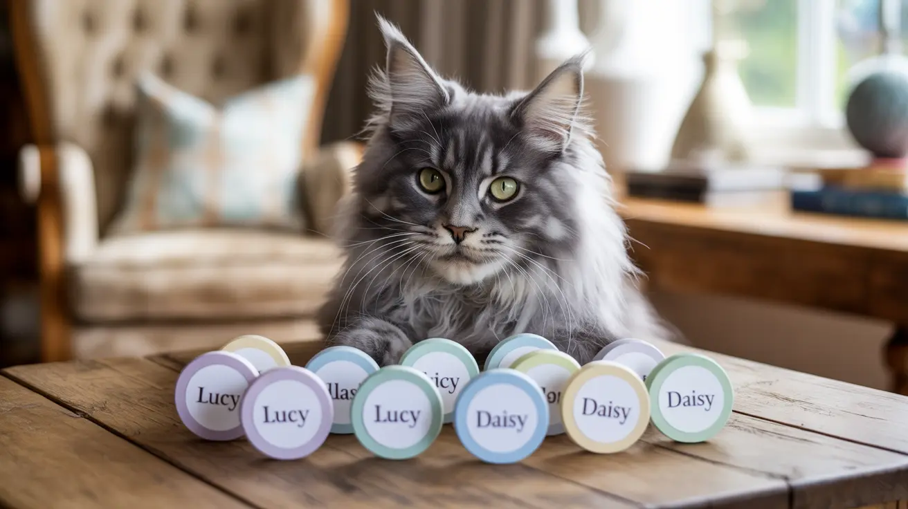 A majestic Maine Coon cat sitting on a wooden surface with name tags labeled Lucy and Daisy