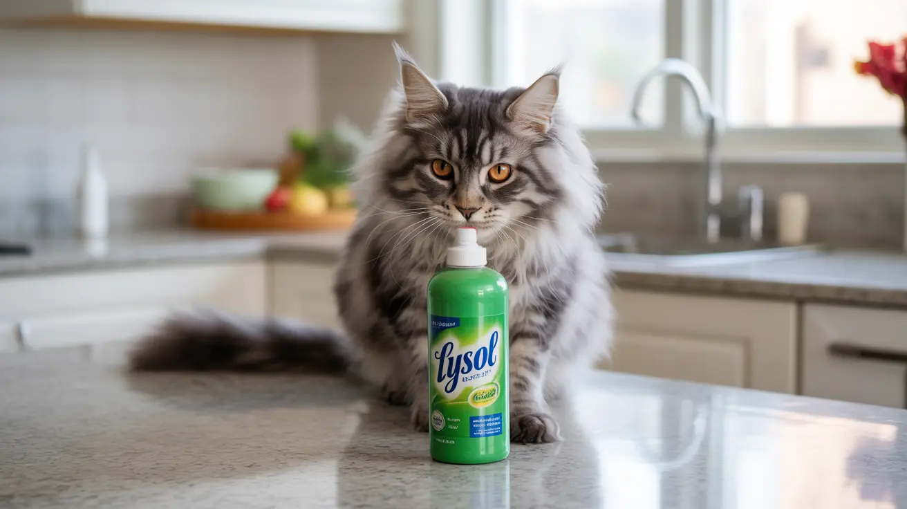 A fluffy Maine Coon cat sitting next to a Lysol cleaning spray bottle on a kitchen countertop