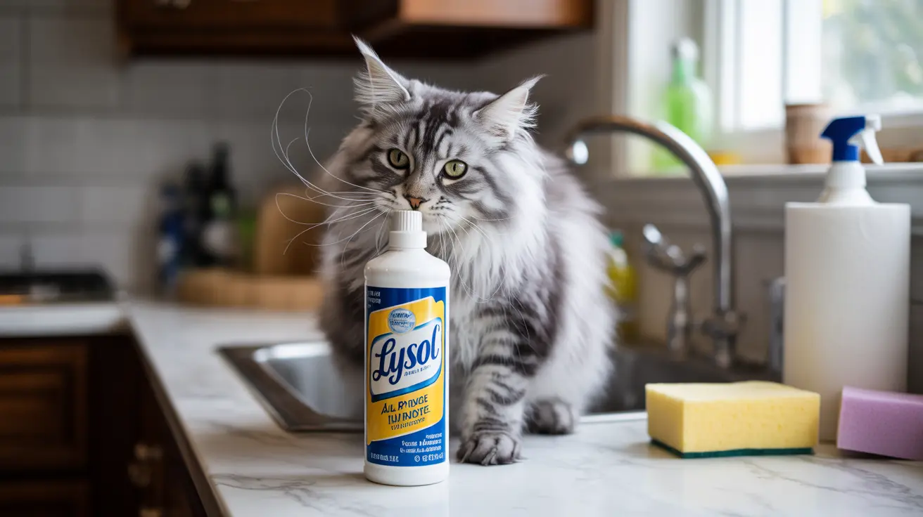A fluffy Maine Coon cat sitting next to a Lysol disinfectant bottle on a kitchen countertop