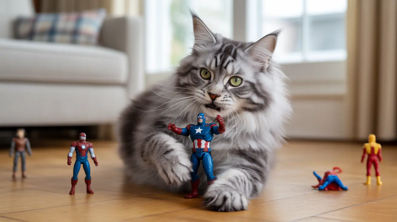 Large gray and white Maine Coon cat among Marvel superhero action figures on a wooden floor