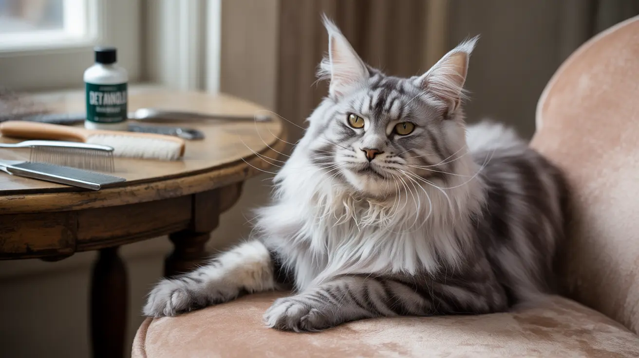A majestic silver and white Maine Coon cat sitting regally on a soft pink chair near a wooden side table with grooming tools.