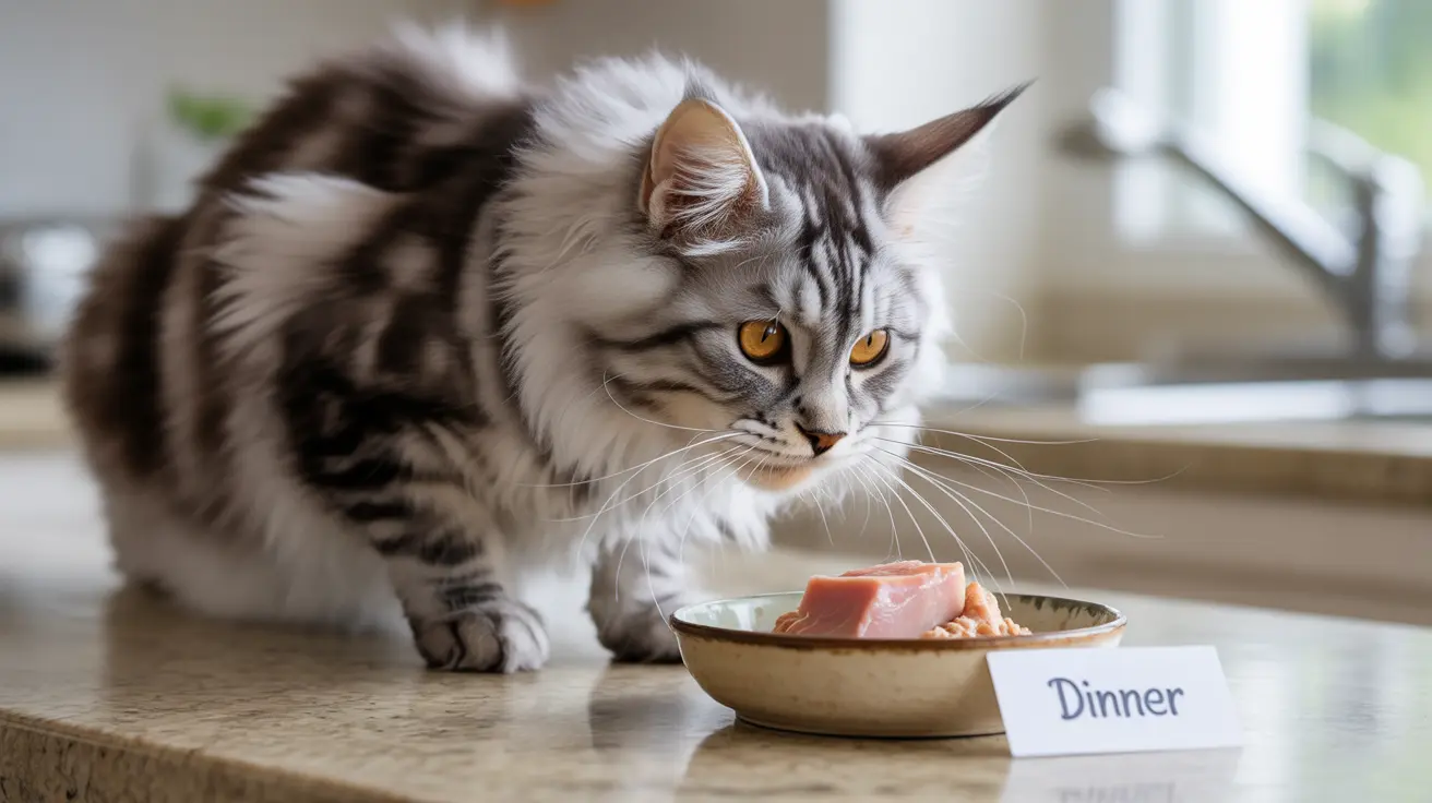 A fluffy silver and white Maine Coon cat sitting next to a bowl of meat during mealtime