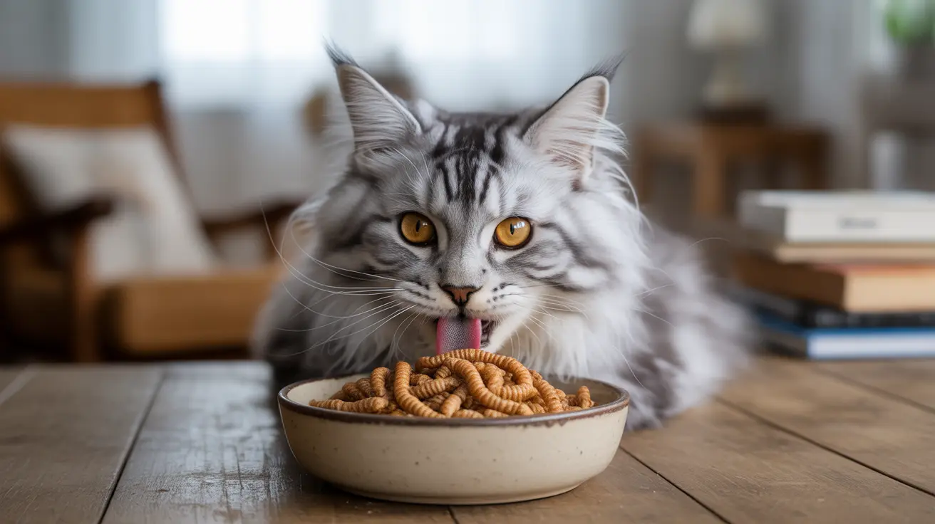 A Maine Coon cat eating mealworms from a ceramic bowl