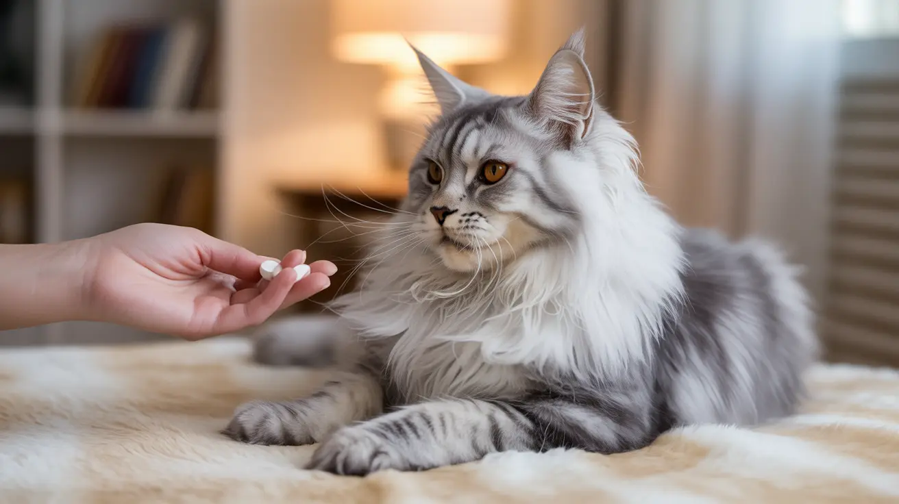 Maine Coon silver tabby cat receiving medication pills from a human hand on a soft indoor blanket