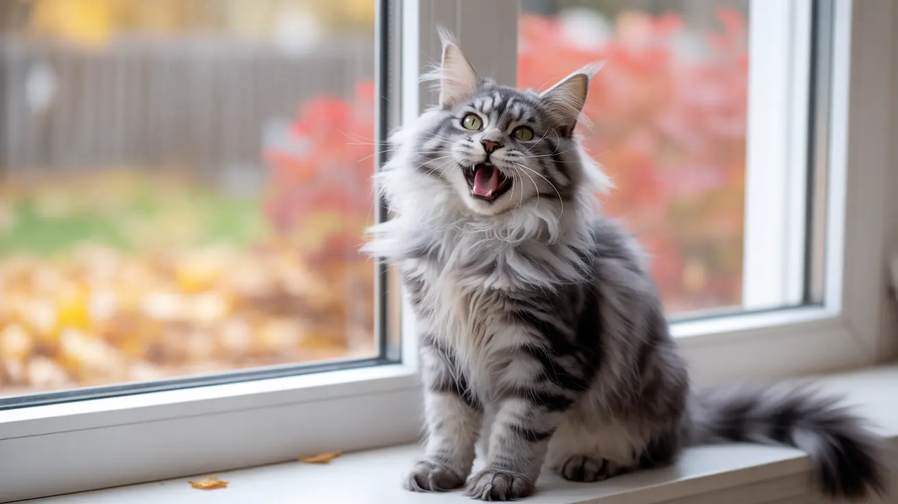 A fluffy silver and white Maine Coon cat sitting on a windowsill with an open mouth, appearing to meow or yawn
