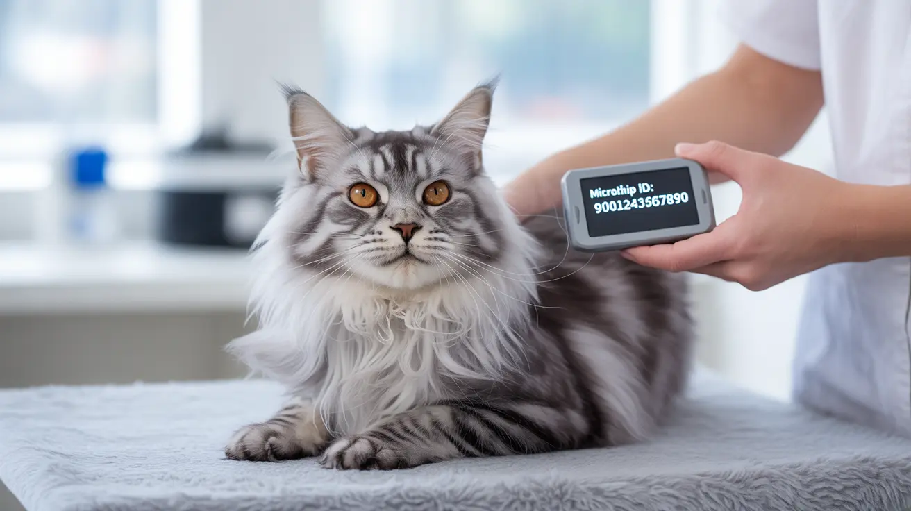 A fluffy silver and white Maine Coon cat with a microchip scanner showing its ID number
