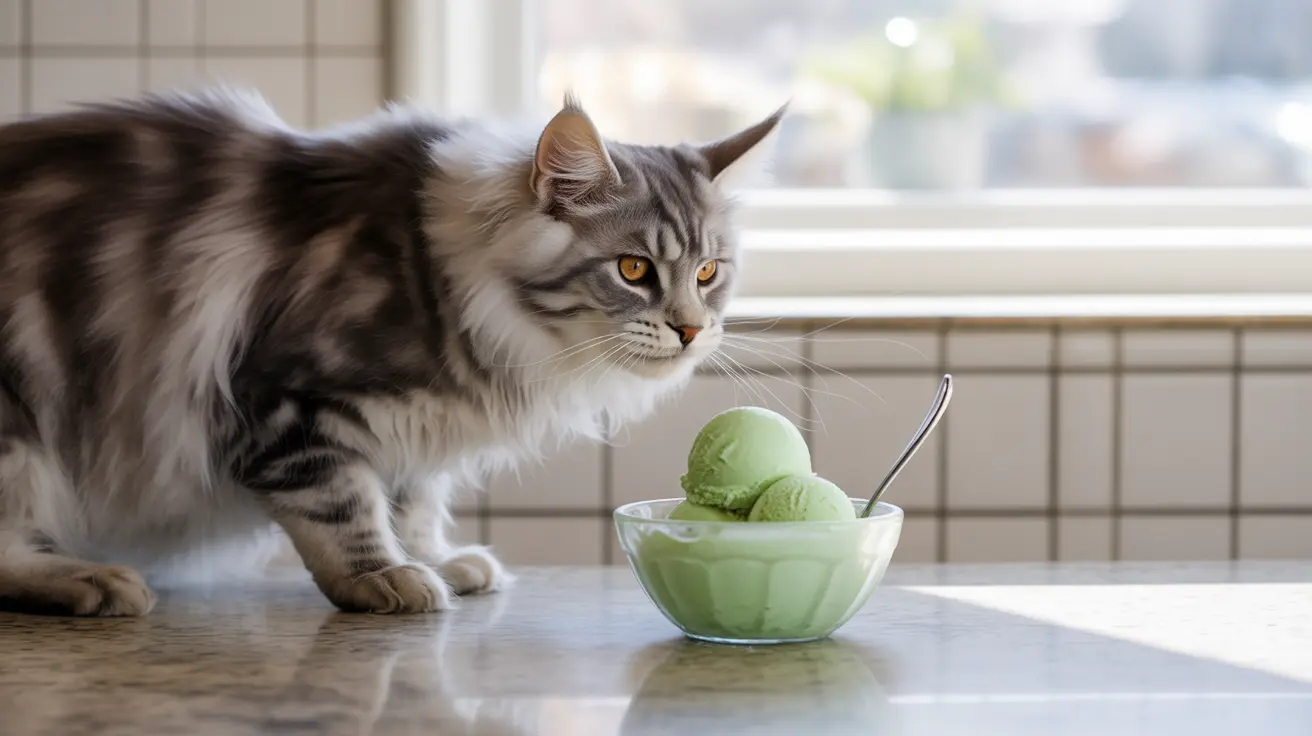 Un gato Maine Coon esponjoso observa curiosamente un tazón de helado verde en una encimera de cocina
