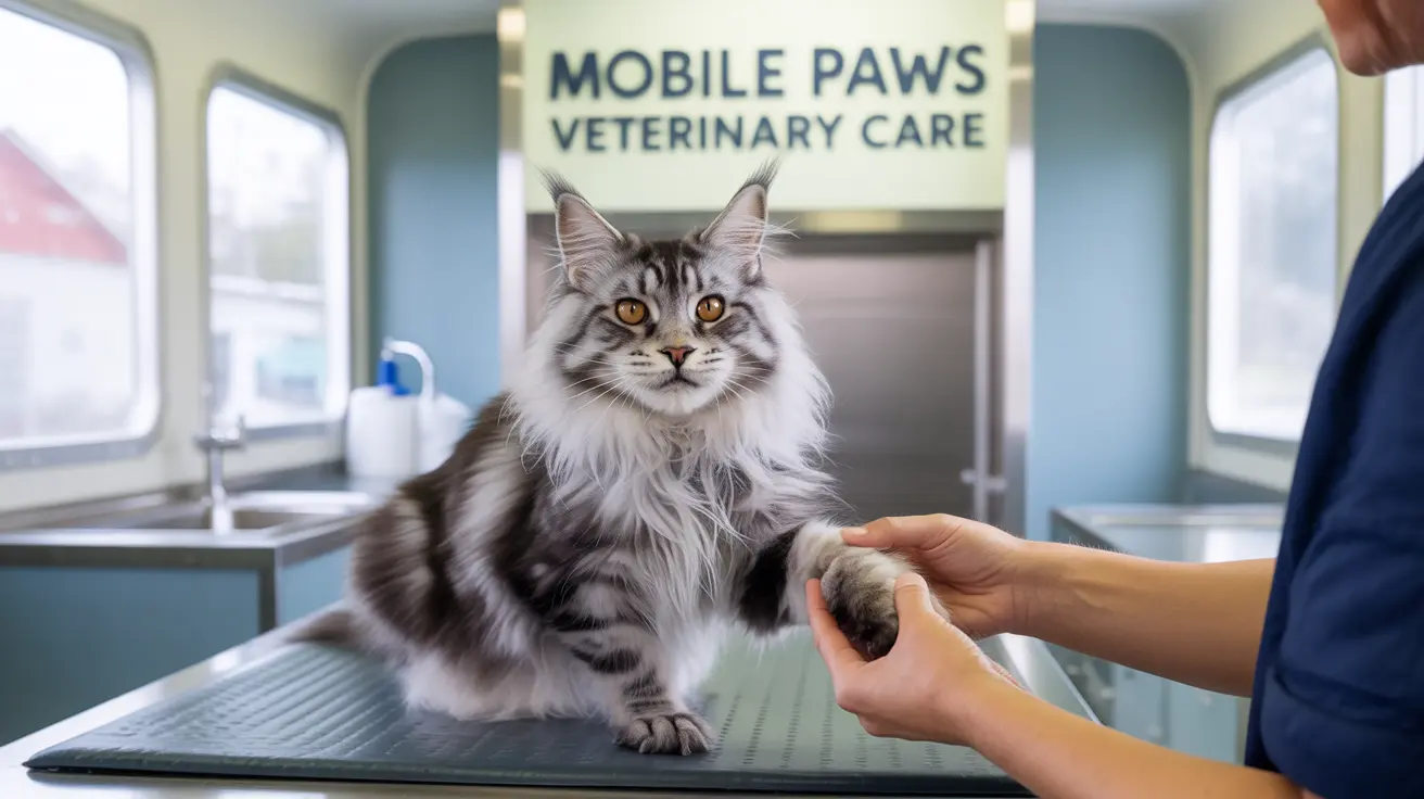 A large, fluffy Maine Coon cat sitting on an examination table during a veterinary check-up in a mobile veterinary clinic.