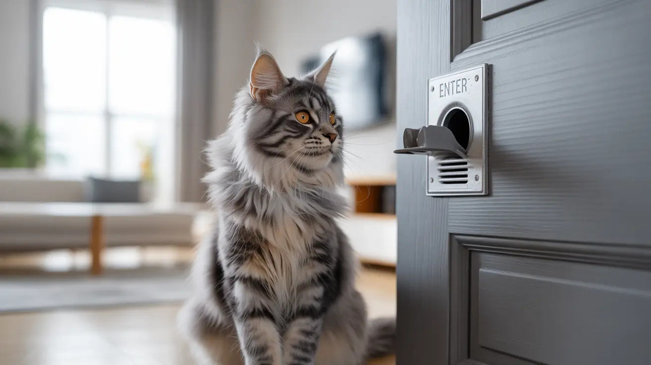 A fluffy Maine Coon cat sitting near an 'ENTER' door panel in a modern, minimalist interior