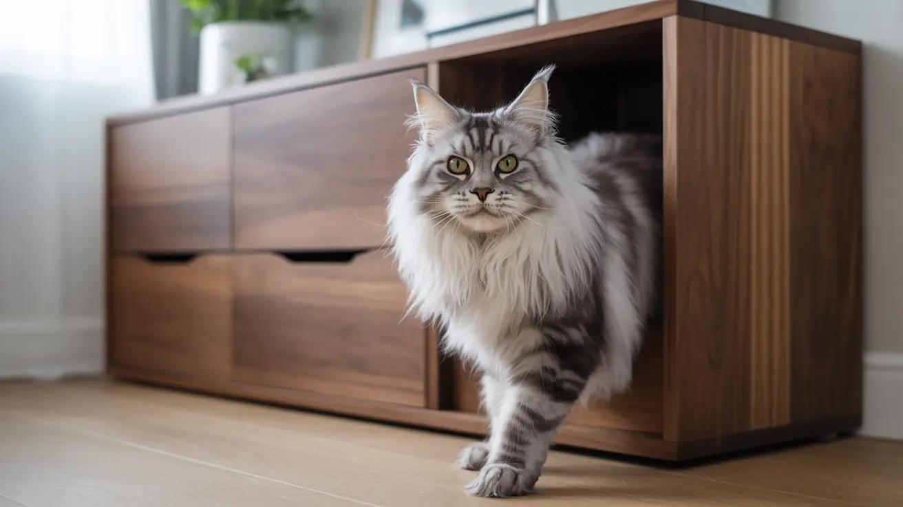 Fluffy Maine Coon cat sitting beside a modern wooden entertainment center in a bright living room