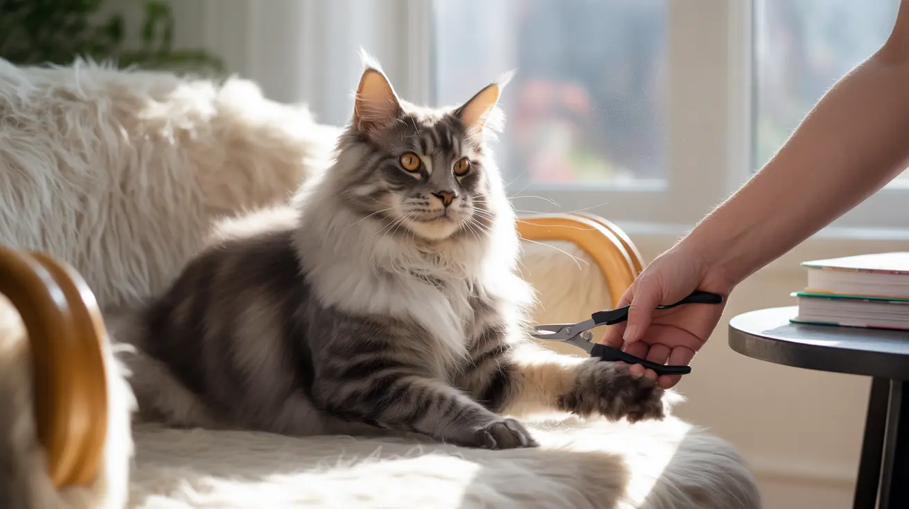 A fluffy Maine Coon cat sitting on a white furry surface near a window, with someone preparing to trim its nails