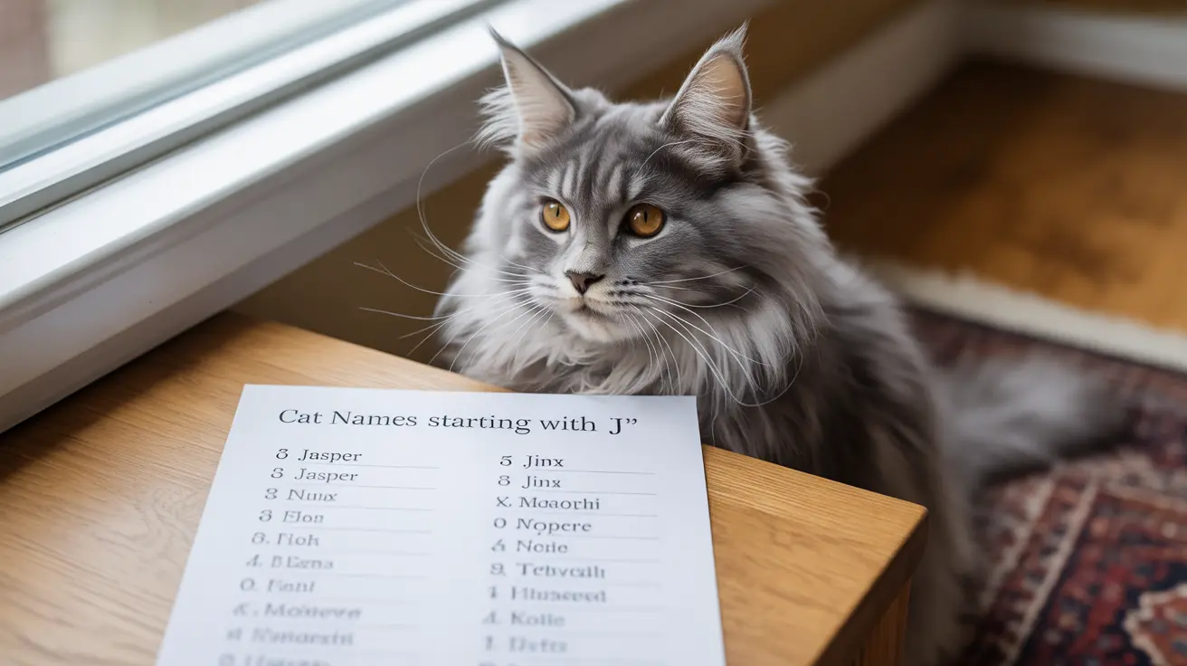 Majestic gray and white Maine Coon cat sitting next to a list of cat names starting with 'J'