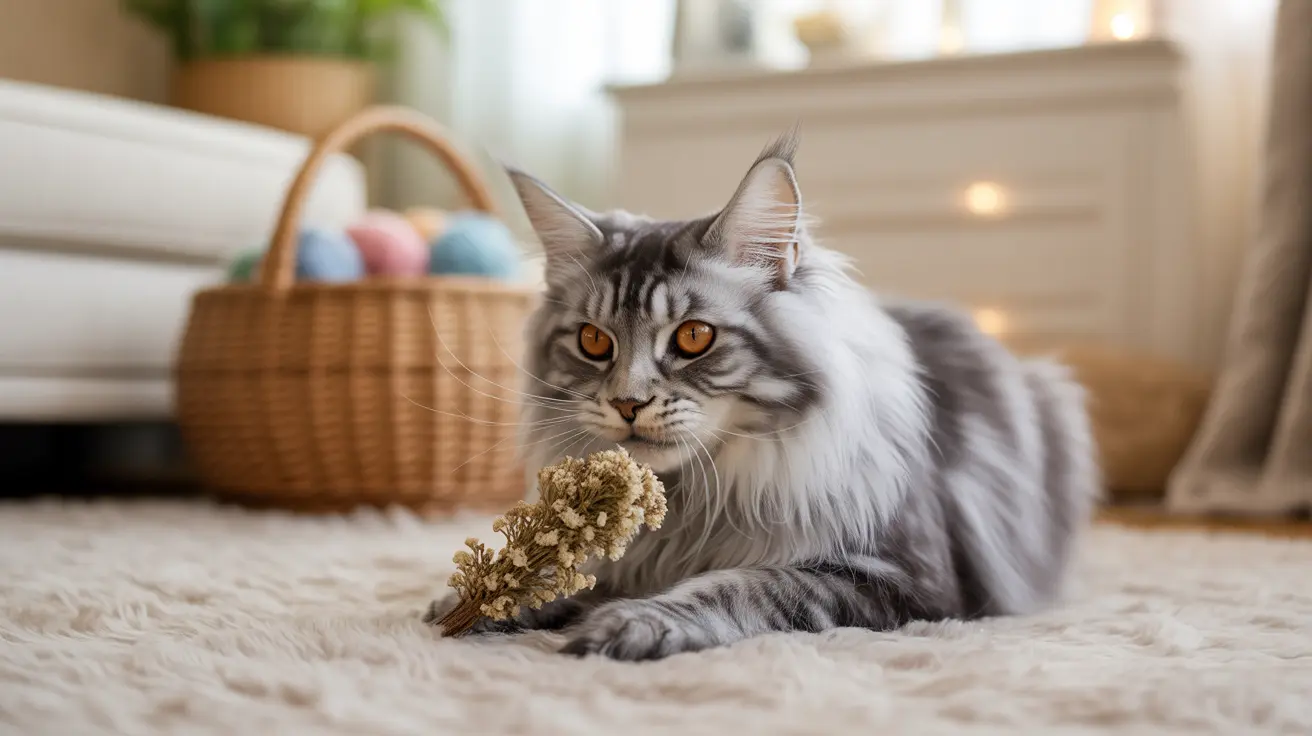 A fluffy gray and white Maine Coon cat sitting on a soft rug with a dried flower near its paw