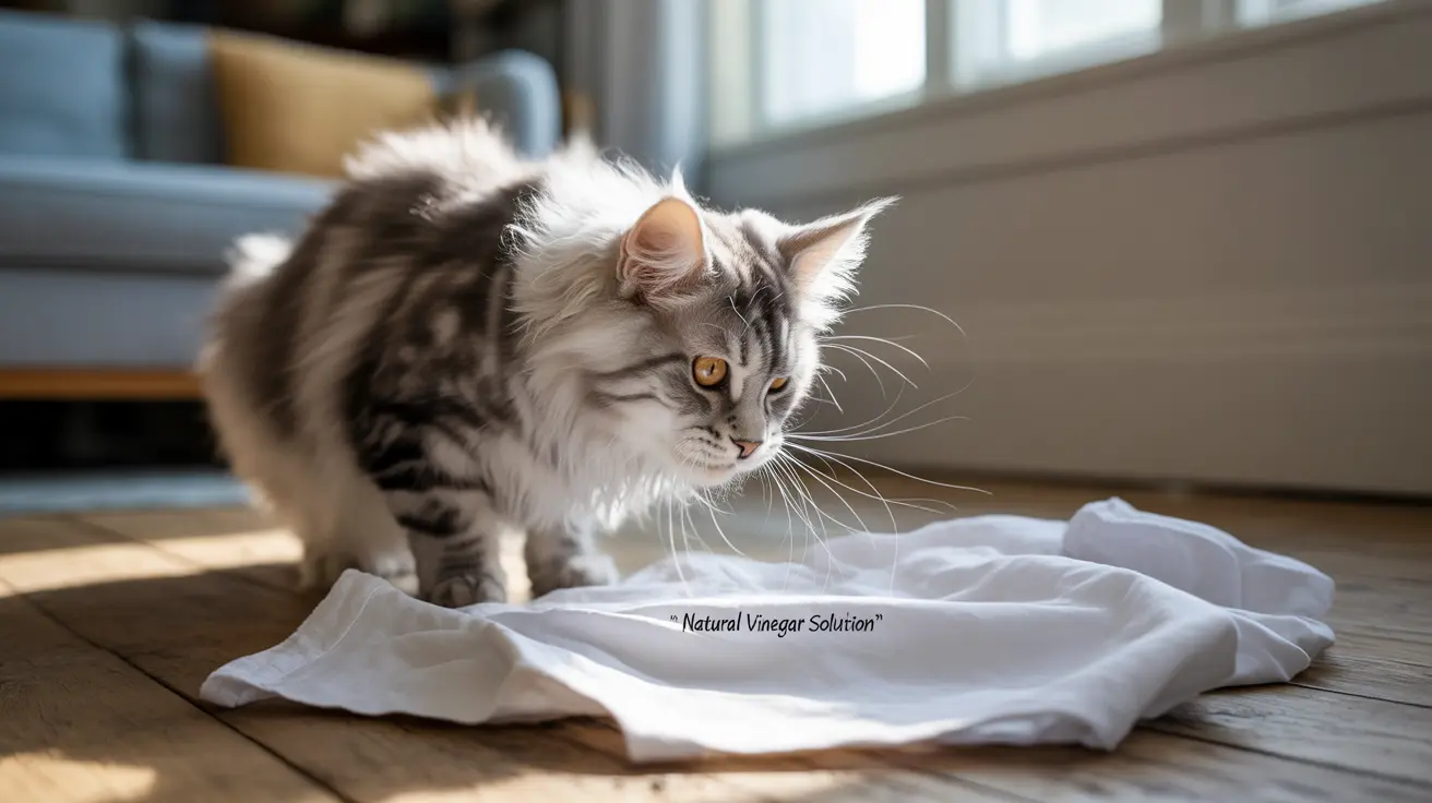 Fluffy Maine Coon cat sitting near a white cloth labeled Natural Vinegar Solution