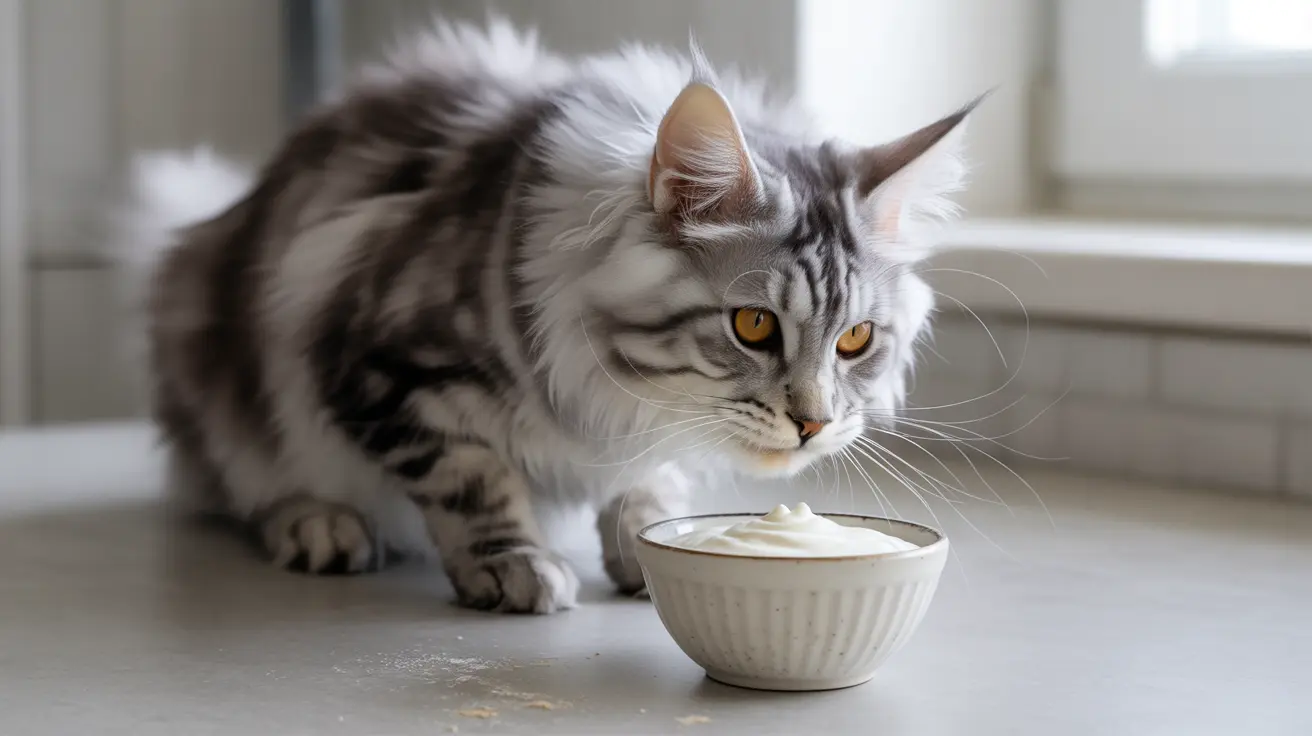 ふわふわした銀色のタビー模様のメインクーン猫が、クリームかヨーグルトのようなものが入った白いセラミック製のボウルのそばに座っている様子