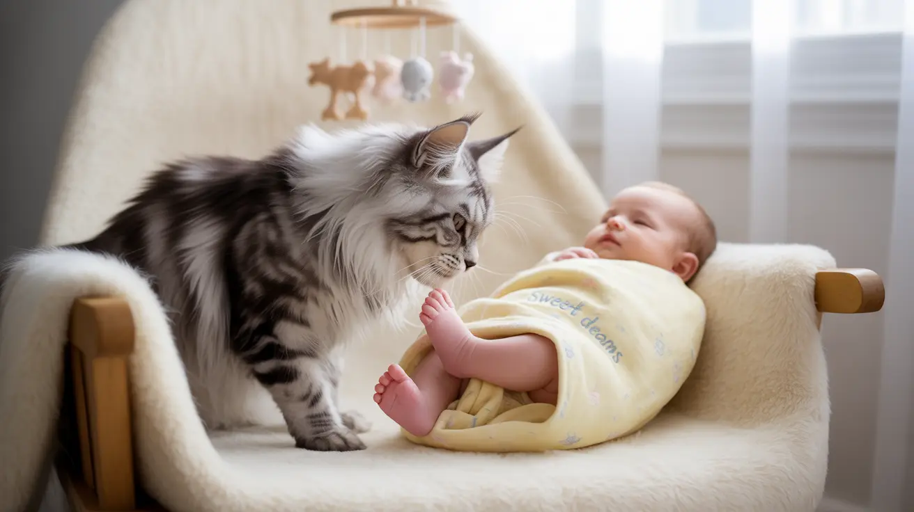 A large Maine Coon cat sitting near a sleeping newborn baby in a nursery setting