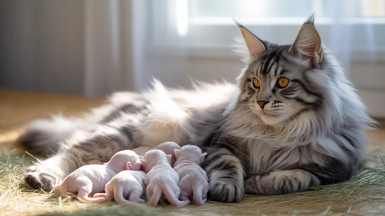 A Maine Coon cat with newborn kittens, resting together on a soft surface near a window