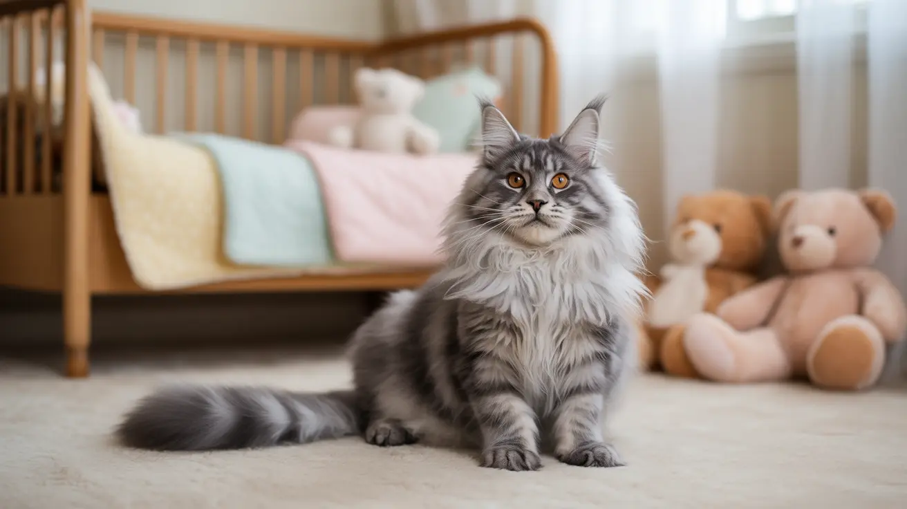 Majestic gray and white Maine Coon cat sitting alertly in a cozy nursery