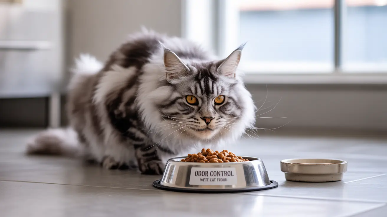 『臭いコントロール ウェットキャットフード』と書かれた食器のそばに座っているふわふわのメインクーンの猫