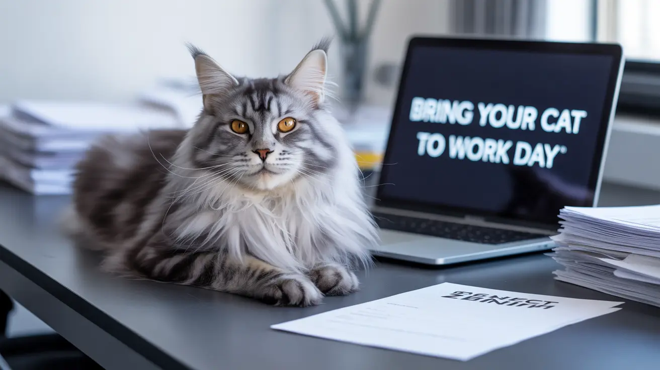 A majestic Maine Coon cat sitting on an office desk next to a laptop displaying 'Bring Your Cat to Work Day'
