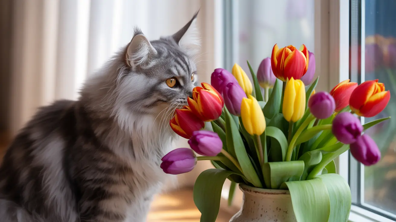 Fluffy Maine Coon cat with orange eyes sitting next to a colorful bouquet of tulips near a bright window