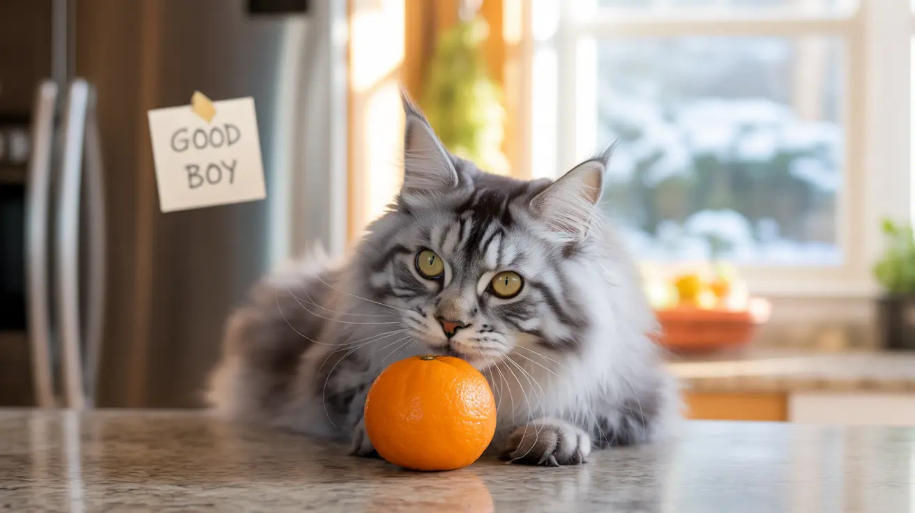 Um gato Maine Coon cinza e branco fofinho sentado ao lado de uma laranja, com um bilhete 'Good Boy' ao fundo.