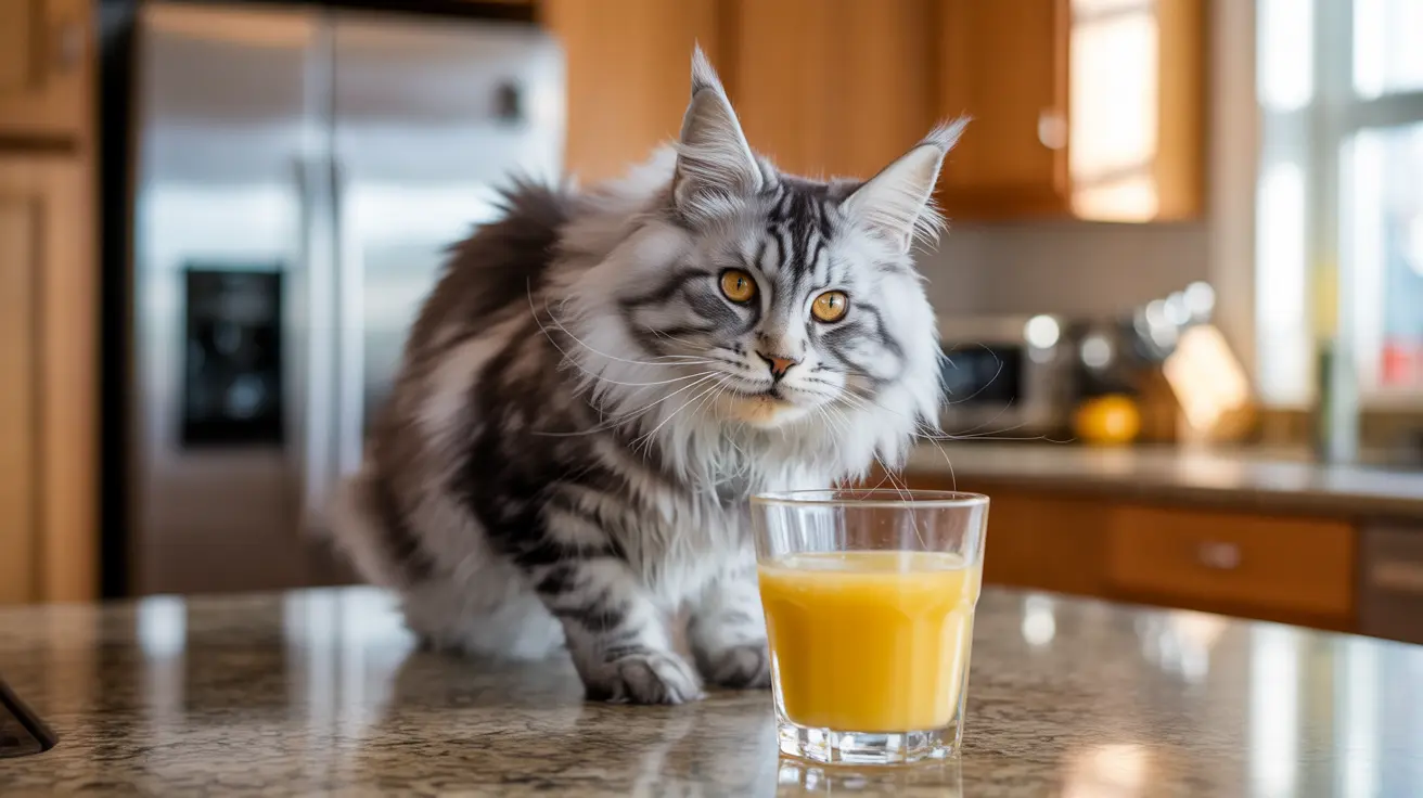 A majestic Maine Coon cat sitting next to a glass of orange juice on a kitchen countertop