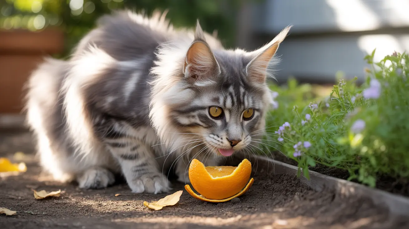 A fluffy Maine Coon cat curiously investigating an orange slice in an outdoor garden setting