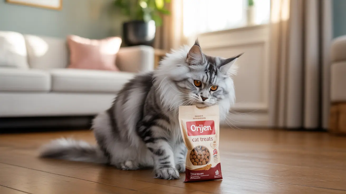 A fluffy gray and white Maine Coon cat sitting next to an Orijen cat treats bag on a wooden floor.