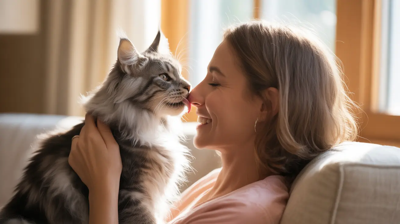 Close and tender moment between a Maine Coon cat and its owner sharing an affectionate nose-to-nose interaction